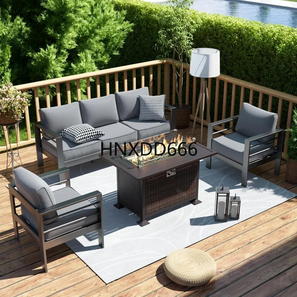 Outdoor Furniture Fire Pit - ชุดเฟอร์นิเจอร์ลานบ้านพร้อมโต๊ะเตาผิง, ชุดโซฟาลานบ้านโลหะอลูมิเนียมแบบโมเดิร์น 6 ชิ้น
