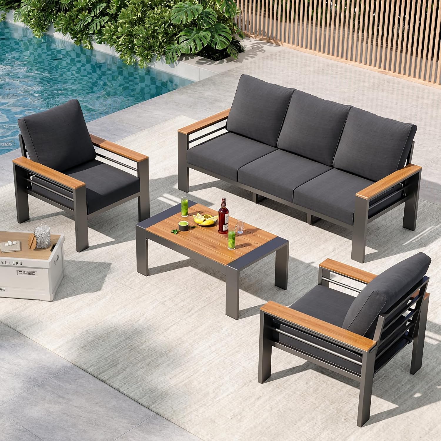 Outdoor Furniture Ideas - ชุดเฟอร์นิเจอร์ลานบ้าน, เฟอร์นิเจอร์กลางแจ้งอะลูมิเนียมพร้อมที่นั่งขนาดใหญ่ | โซฟาแบบแยกส่วนสำหรับใช้งานกลางแจ้งทุกสภาพอากาศ พร้อมเบาะหนา 5