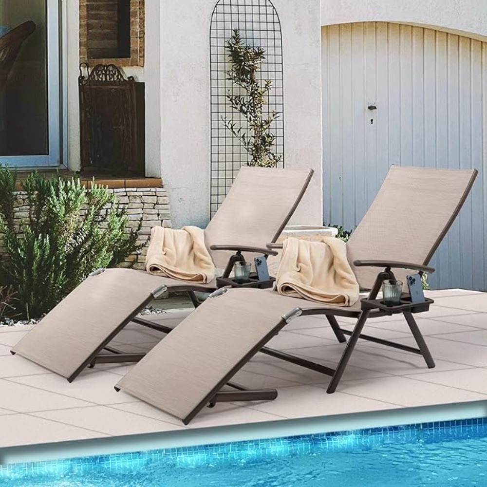 Deck Chair Lounger - เก้าอี้พักผ่อนปรับเอนได้ทำจากอลูมิเนียม เหมาะสำหรับชายหาด สวน ลานสระว่ายน้ำ ระเบียงกลางแจ้ง พร้อมที่วางแก้ว