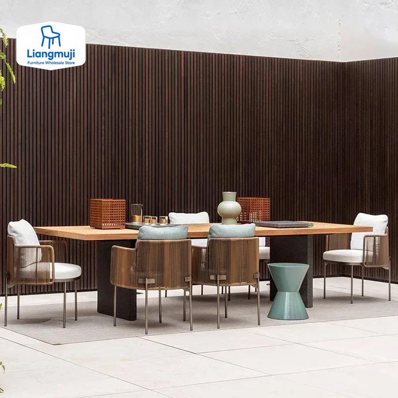 Outdoor Furniture Italian - ชุดเฟอร์นิเจอร์สวนไม้กันน้ำพร้อมเบาะหวาย เคลื่อนย้ายได้ ชุดเฟอร์นิเจอร์สวนสไตล์อิตาลีสำหรับระเบียงและลานบ้าน ตกแต่งระเบียง