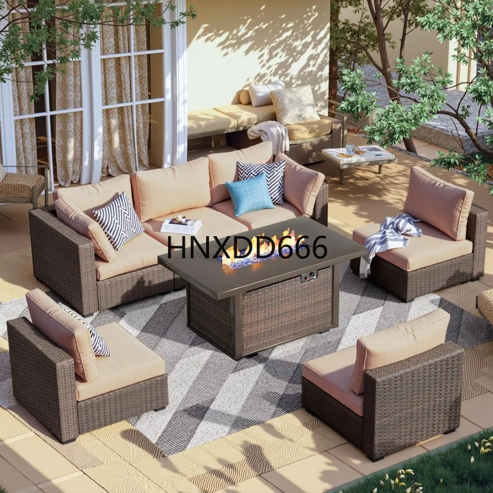 Outdoor Furniture Fire Pit - ชุดเฟอร์นิเจอร์ลานบ้าน 7 ชิ้น พร้อมโต๊ะเตาผิง ชุดโซฟาสำหรับนั่งพูดคุยกลางแจ้งพร้อมโต๊ะกาแฟ