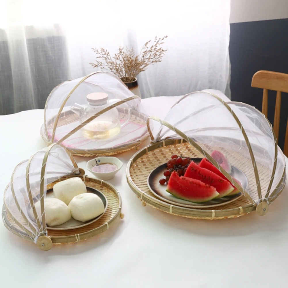 Outdoor Furniture Manufacturer - ตะกร้าทอไม้ไผ่ Anti-Mosquito Net ตะกร้าผักผลไม้ Dustpan เต็นท์ตะกร้าถาดแบบพกพาปิกนิกกลางแจ้งตาข่ายสุทธิฝาครอบ