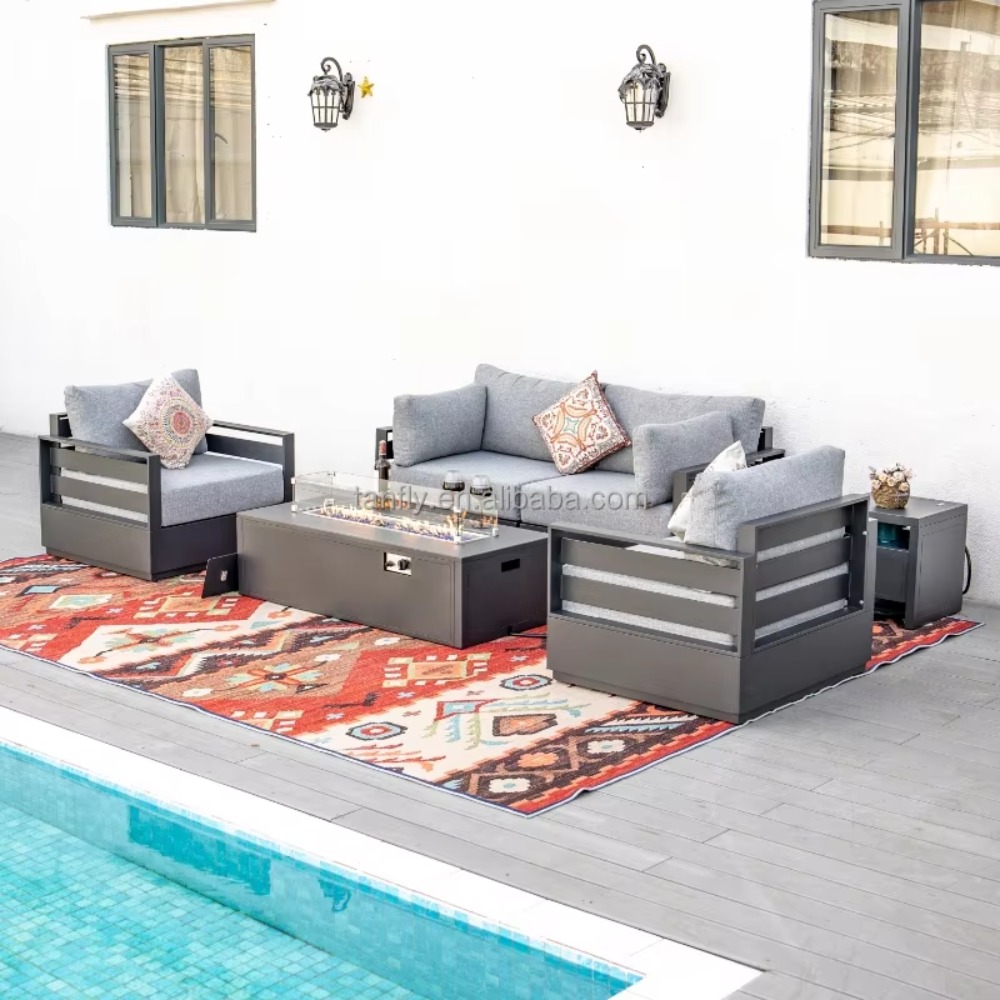 Outdoor Furniture Fire Pit - ชุดเฟอร์นิเจอร์กลางแจ้งสำหรับโรงแรมวิลล่า ชุดโซฟาเฟอร์นิเจอร์สวนอะลูมิเนียมทันสมัย พร้อมโต๊ะเตาไฟ