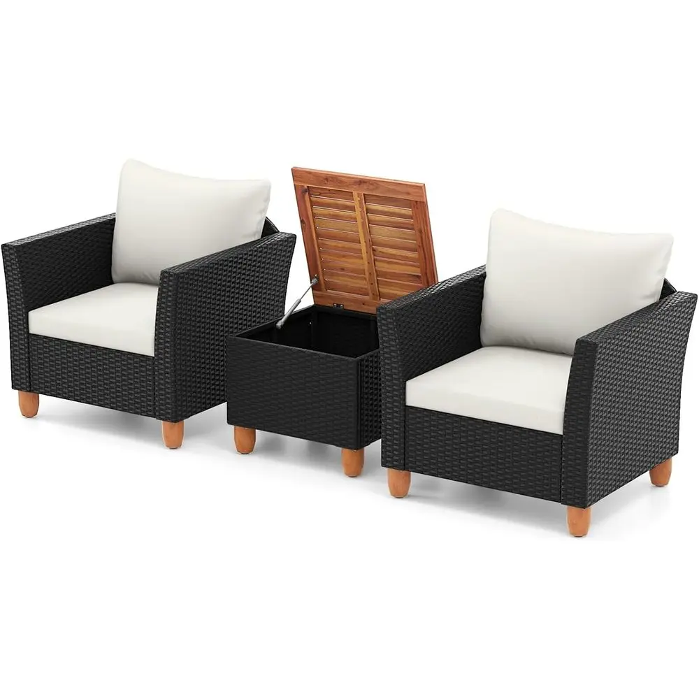 Outdoor Furniture Ideas - ชุดเฟอร์นิเจอร์กลางแจ้ง 3 ชิ้น พร้อมเบาะรองนั่งและโต๊ะเก็บของ เก้าอี้บิสโทรไม้กระถินสีขาวสำหรับสวนหรือริมสระน้ำ