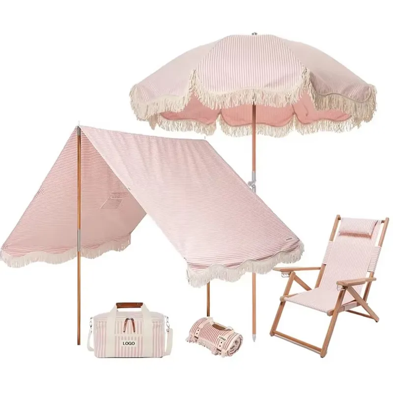 Outdoor Furniture Plus - ร่มชายหาดผ้าแคนวาสคอตตอนสั่งทำพิเศษพร้อมชายครุย ป้องกันแสงแดด UV50+ พร้อมชุดเก้าอี้เข้าชุดสำหรับเฟอร์นิเจอร์ลานกลางแจ้ง