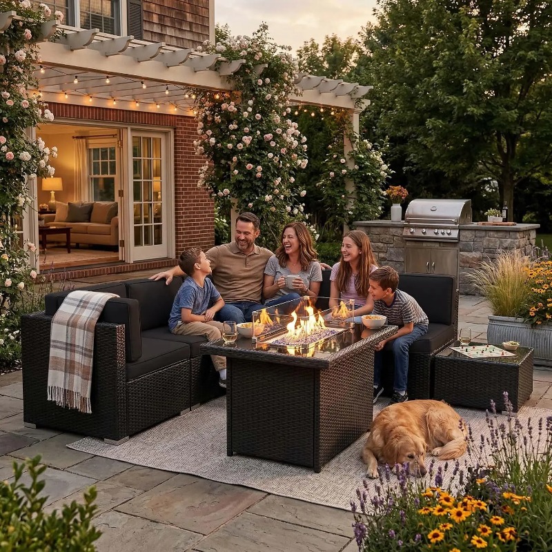 ชุดโซฟาหวายสำหรับลานกลางแจ้ง 8 - Outdoor Furniture With Fire Pit Table บทวิจารณ์และราคา